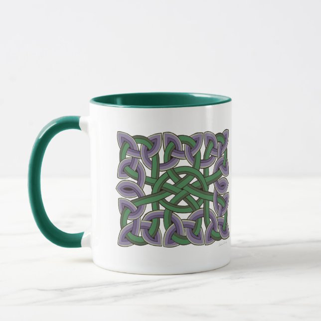 Scottish Celtic Knot Painting in Purple and Green Mug (Left)