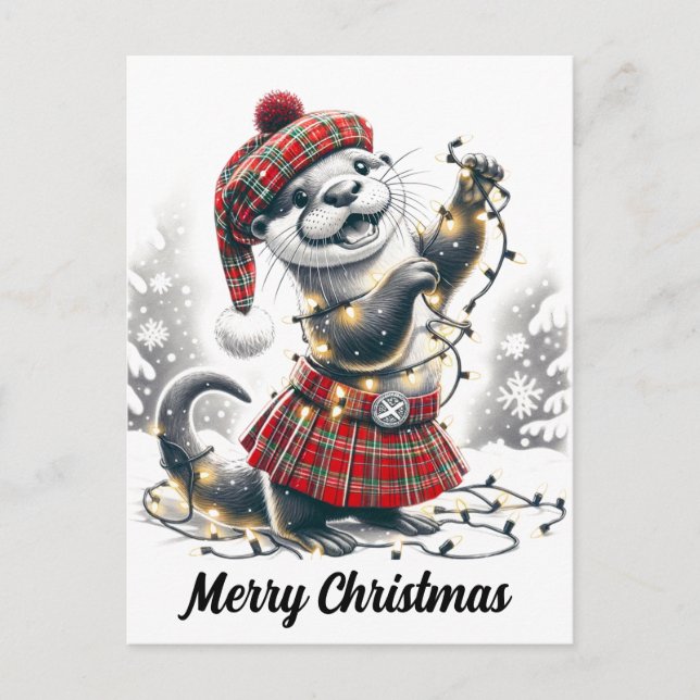 Scottish Christmas Otter Christmas Postcard (Front)