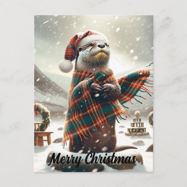 Scottish Christmas Otter Christmas Postcard (Front)