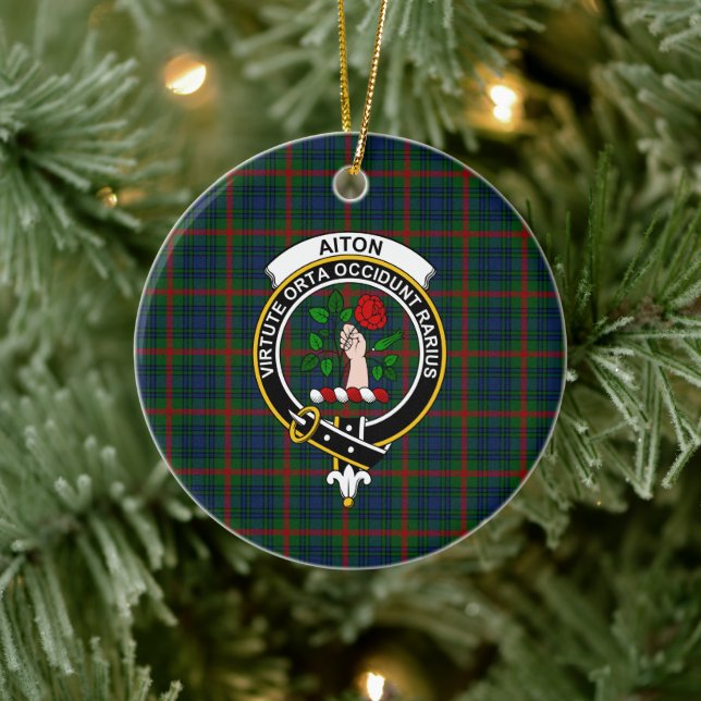 Scottish Clan Aiton Tartan and Crest Ceramic Ornament (Tree)