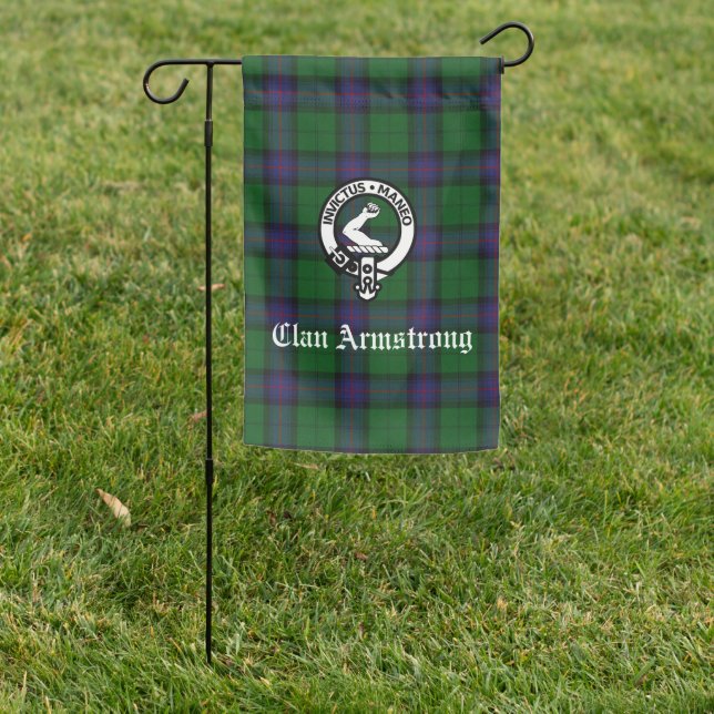 Scottish Clan Armstrong Crest Badge and Tartan Garden Flag (In SItu)