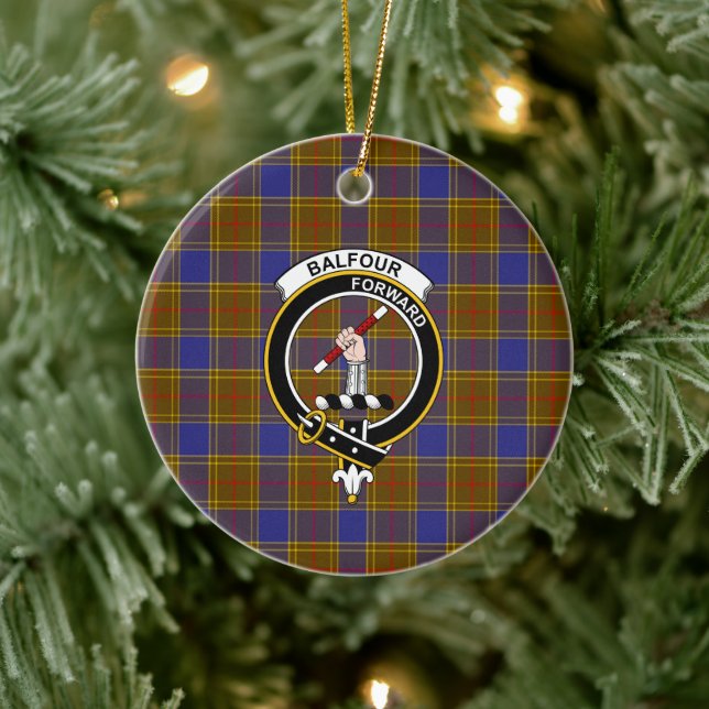 Scottish Clan Balfour Modern Tartan and Crest Ceramic Ornament (Tree)