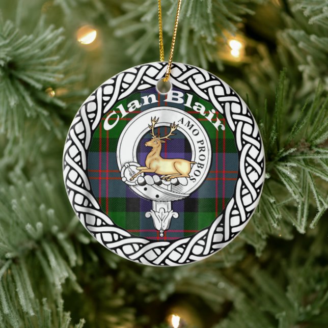 Scottish Clan Blair Crest Old Tartan and Crest Ceramic Ornament (Tree)