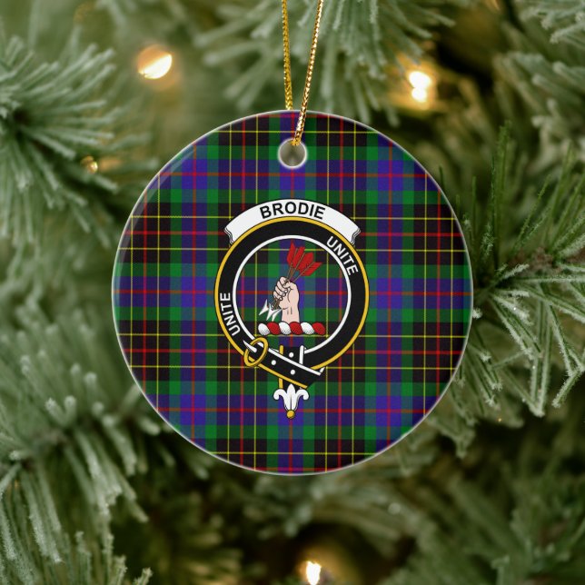 Scottish Clan Brodie Hunting Tartan and Crest Ceramic Ornament (Tree)
