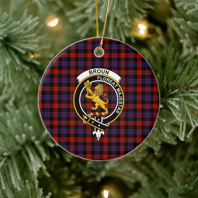 Scottish Clan Broun Modern Tartan and Crest Ceramic Ornament (Tree)