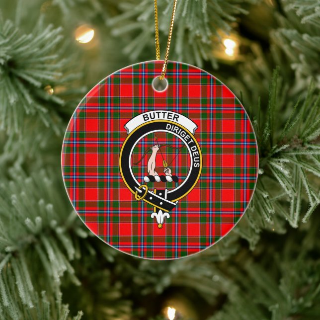 Scottish Clan Butter Check Tartan and Crest Ceramic Ornament (Tree)