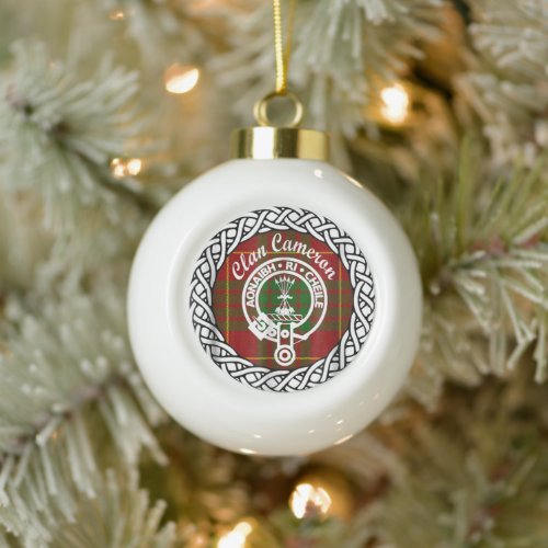 Scottish Clan Cameron Tartan and Crest Ceramic Ball Christmas Ornament