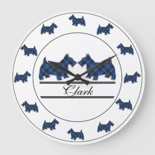 Scottish Clan Clark and Clergy Tartan Scottie Dogs Large Clock