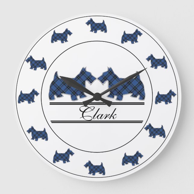 Scottish Clan Clark and Clergy Tartan Scottie Dogs Large Clock (Front)