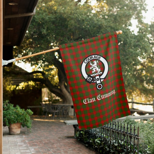 Scottish Clan Cumming Crest Badge and Tartan House Flag (In SItu)