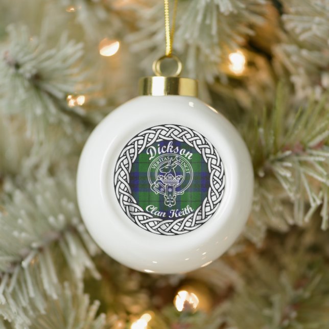 Scottish Clan Dickson Tartan and Crest Ceramic Ball Christmas Ornament (Tree)
