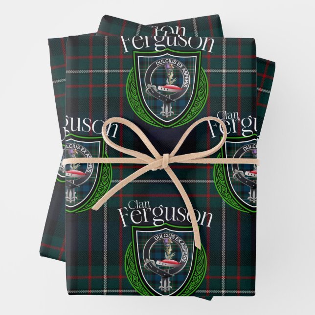 Scottish Clan Ferguson Tartan & Crest Wrapping Paper Sheets (In situ)
