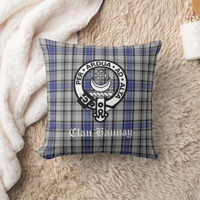 Scottish Clan Hannay Crest Badge and Tartan Custom Throw Pillow (Blanket)