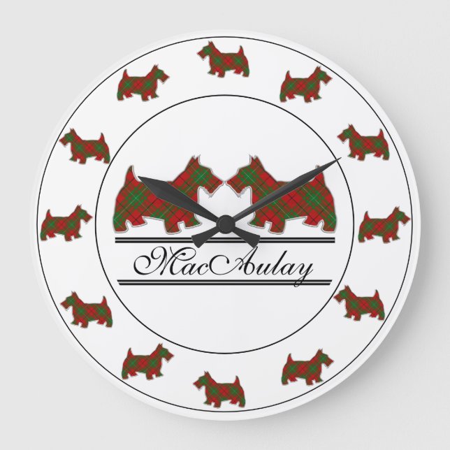 Scottish Clan MacAulay Tartan Plaid Scottie Dogs Large Clock (Front)