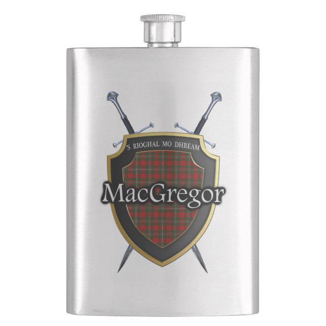 Scottish Clan MacGregor Tartan Shield and Swords Flask (Front)