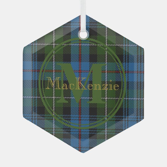 Scottish Clan MacKenzie Tartan Gold Name/Monogram Glass Ornament (Front)