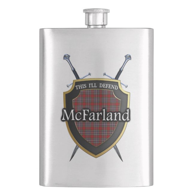 Scottish Clan McFarland Tartan Shield and Swords Flask (Front)