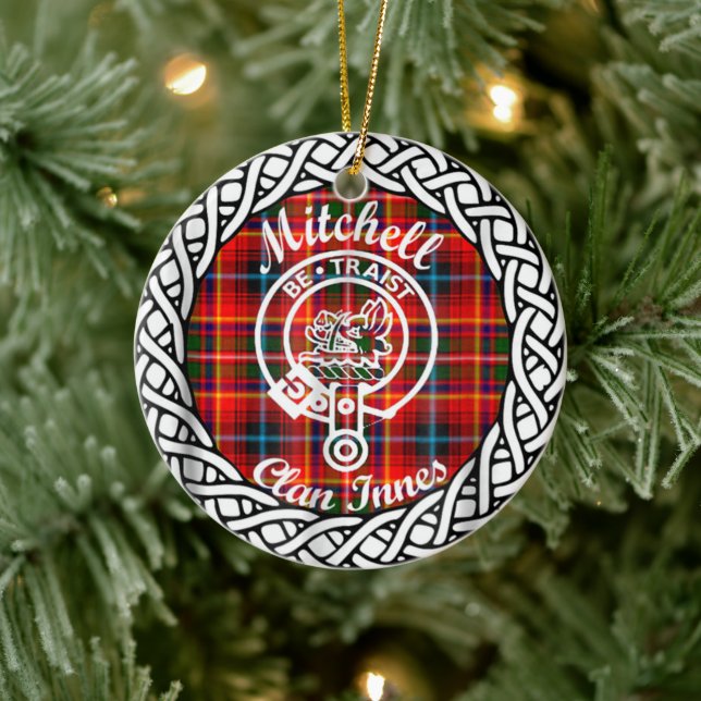Scottish Clan Mitchell Tartan and Crest Ceramic Ornament (Tree)