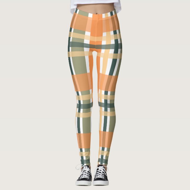 Scottish clan plaid orange green tartan checkered  leggings (Front)