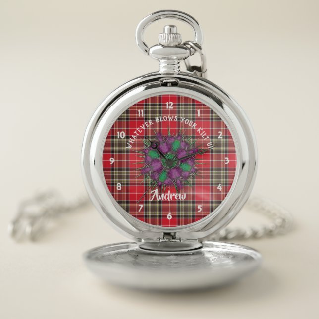 Scottish Clan  Red Tartan Plaid Personalized Pocket Watch (Inside)