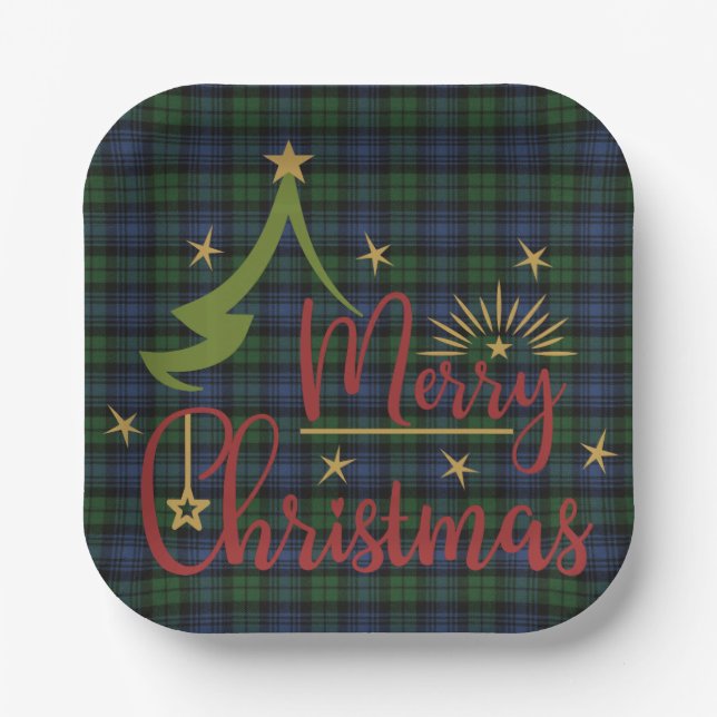 Scottish Clan Tartan Black Watch A Merry Christmas Paper Plates (Front)