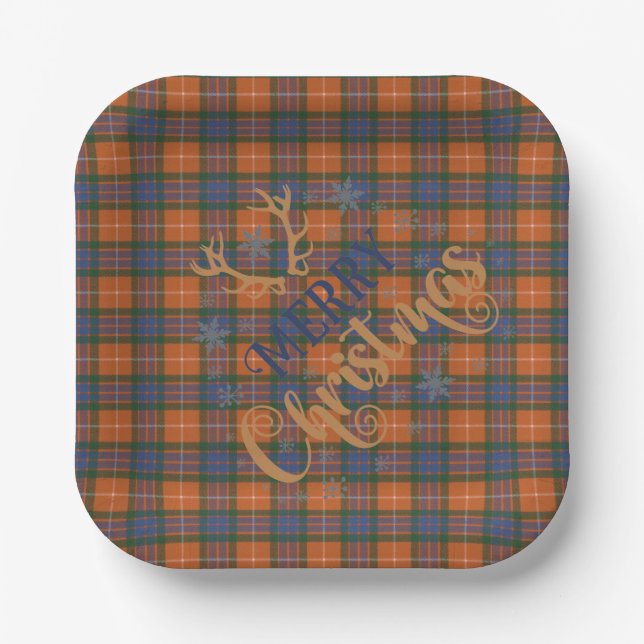 Scottish Clan Tartan Fraser Red A Merry Christmas Paper Plates (Front)
