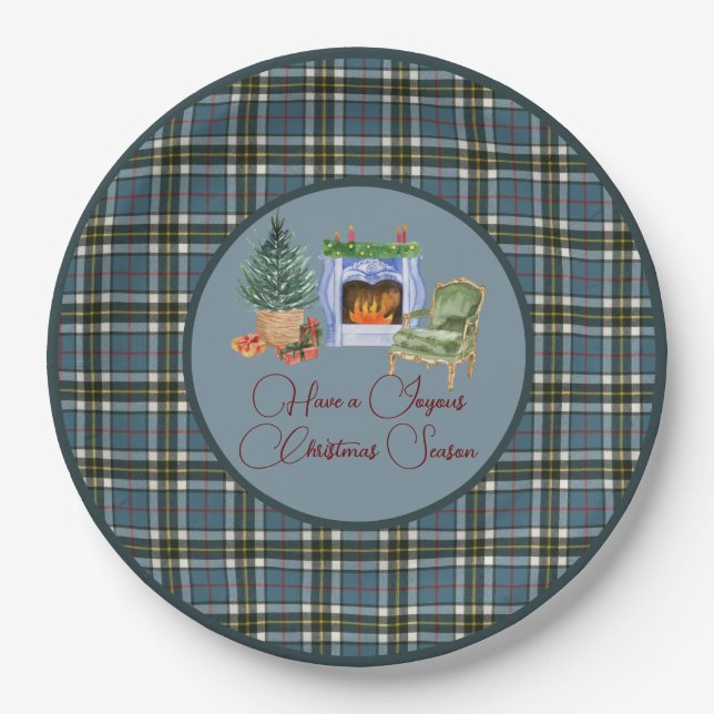 Scottish Clan Tartan Thompson Blue Christmas Paper Plates (Front)