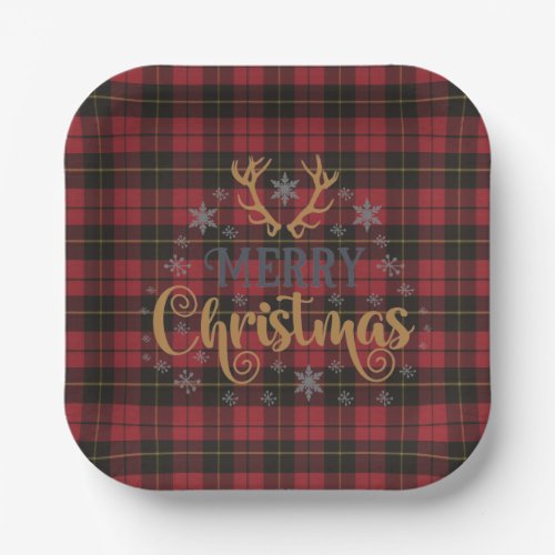 Scottish Clan Tartan Wallace Red Merry Christmas Paper Plates