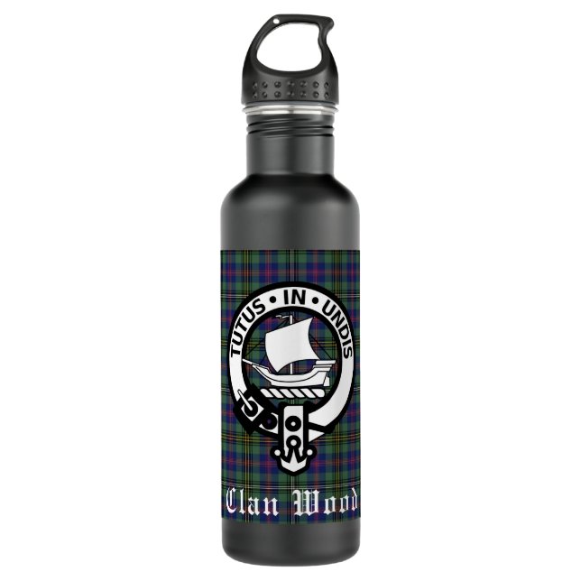 Scottish Clan Wood Crest & Tartan   Stainless Steel Water Bottle (Front)