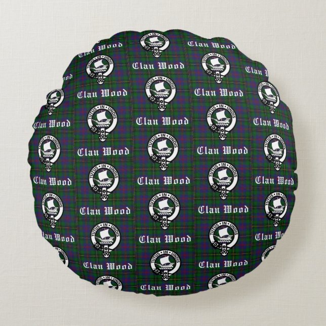 Scottish Clan Wood Crest & Tartan Tiles Round Pillow (Front)