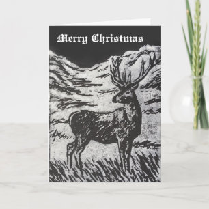 Scottish Deer in Snowy Glen Black & White Linocut Holiday Card