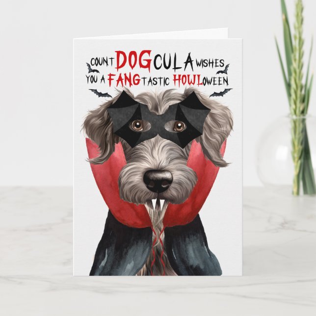 Scottish Deerhound Funny Count DOGcula Halloween Holiday Card (Front)