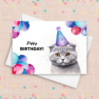 Scottish Fold Cat Balloons and Party Hat Birthday Card