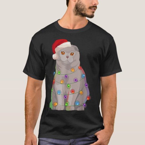 Scottish Fold Cat Christmas Lights Xmas Cat Lover T_Shirt