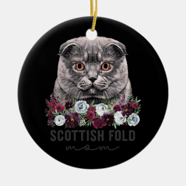 Scottish Fold Cat Mom Floral  Ceramic Ornament (Front)