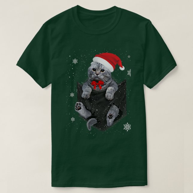 Scottish Fold Cat Pocket with Christmas Santa Hat  T-Shirt (Design Front)