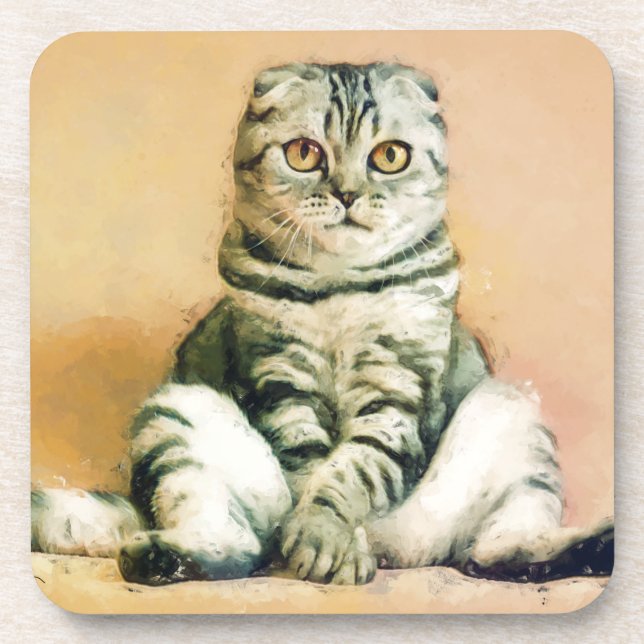 Scottish Fold Cat Sitting Portrait Beverage Coaster (Front)