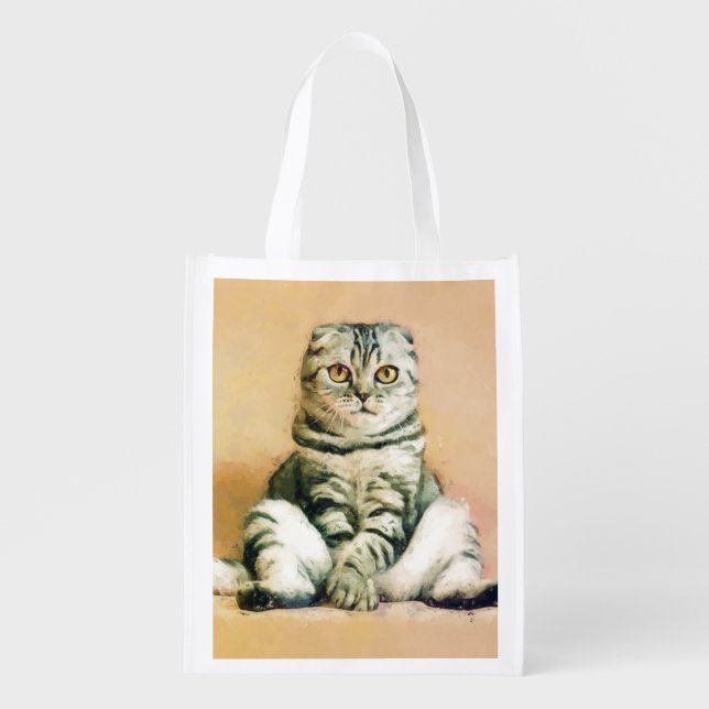 Scottish Fold Cat Sitting Portrait Grocery Bag (Front)