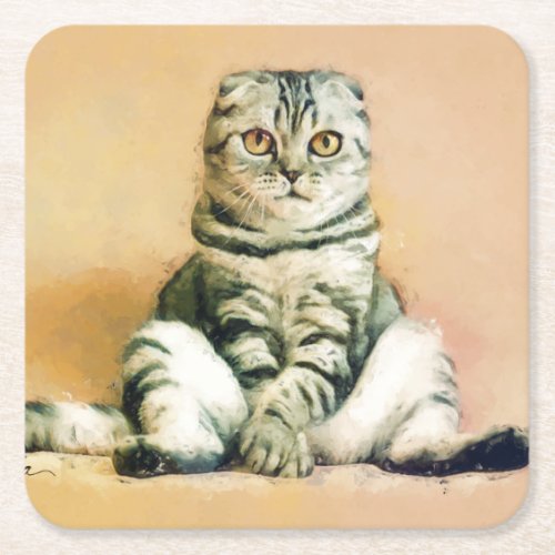 Scottish Fold Cat Sitting Portrait Square Paper Coaster