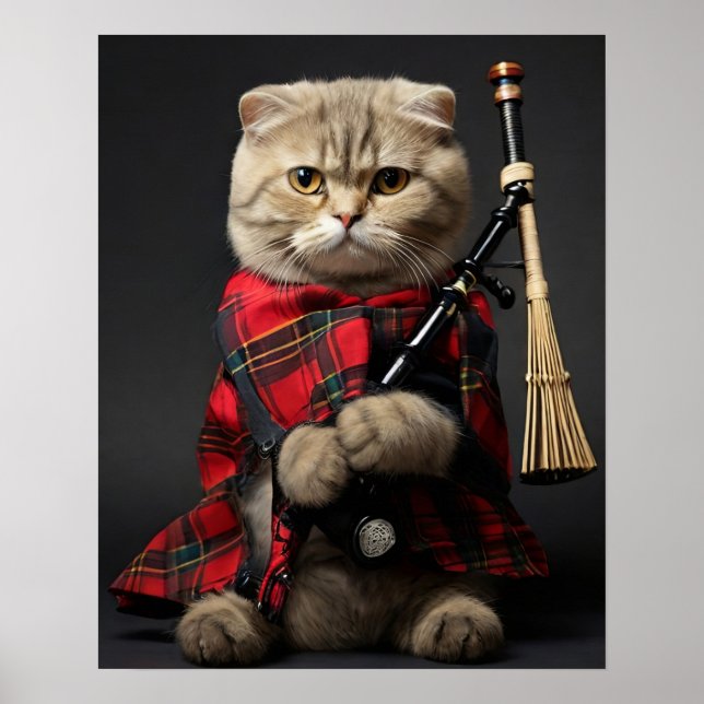 Scottish Fold Cat with Bagpipes Poster (Front)