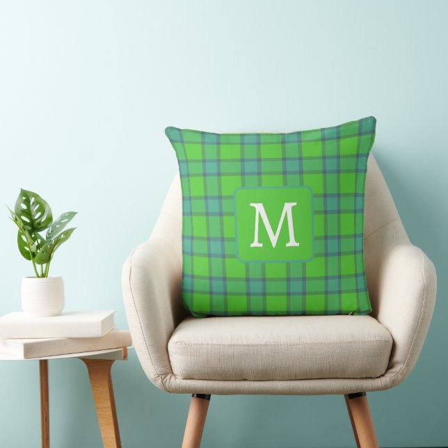 Scottish green &blue Plaid monogram Throw Pillow (Chair)