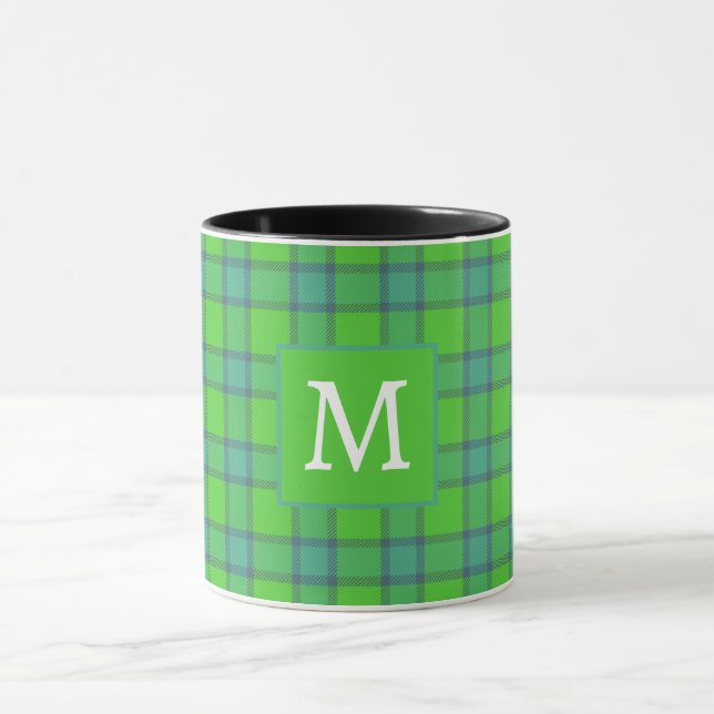 Scottish green &blue Plaid  tartan monogram name Mug (Center)