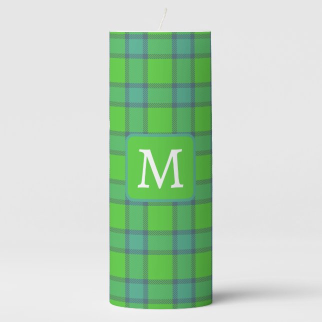 Scottish green &blue Plaid tartan monogram name Pillar Candle (Front)