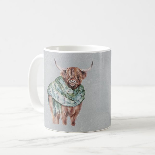 Scottish Green Tartan Highland Cow Personalized Coffee Mug (Front Left)