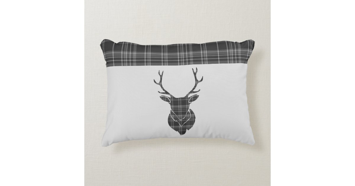 Scottish Grey Tartan Stag Head Antler Rustic Decorative Pillow