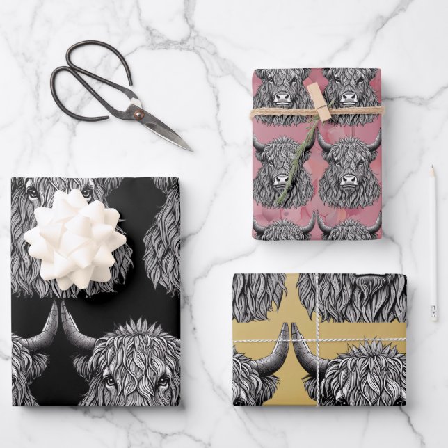 Scottish Highland Bull Illustration  Wrapping Paper Sheets (Front)