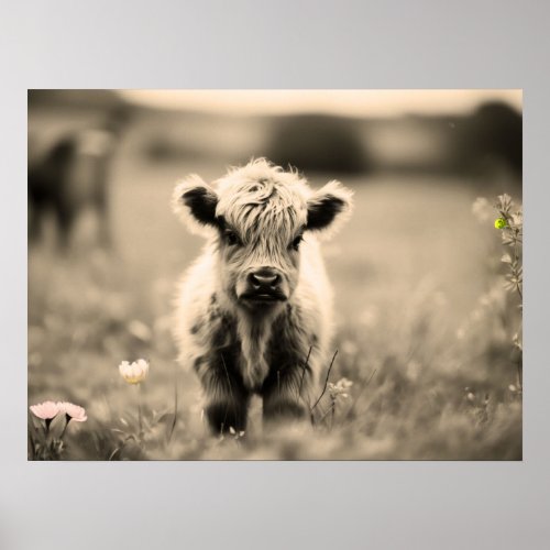 Scottish Highland Calf Baby Cow Miniature Sepia Poster
