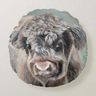 Scottish Highland Calf on Green Round Pillow