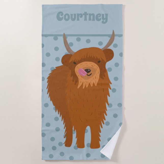 Scottish Highland Cattle Cow Graphic Personalized Beach Towel (Front)