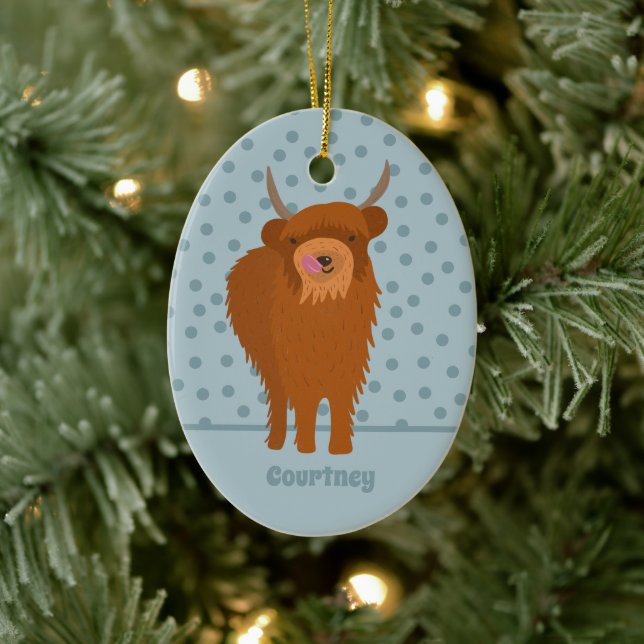 Scottish Highland Cattle Cow Graphic Personalized Ceramic Ornament (Tree)
